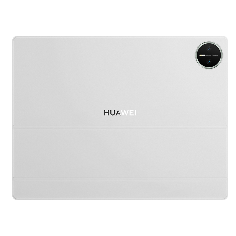 Siyah zemin üzerinde, çift kameralı ve Huawei logolu beyaz tablet kılıfı.