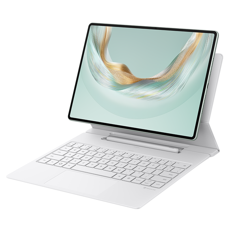 Tablet, klavye, kalem, altın ve beyaz dalga desenli açık yeşil ekran, açılı, siyah.