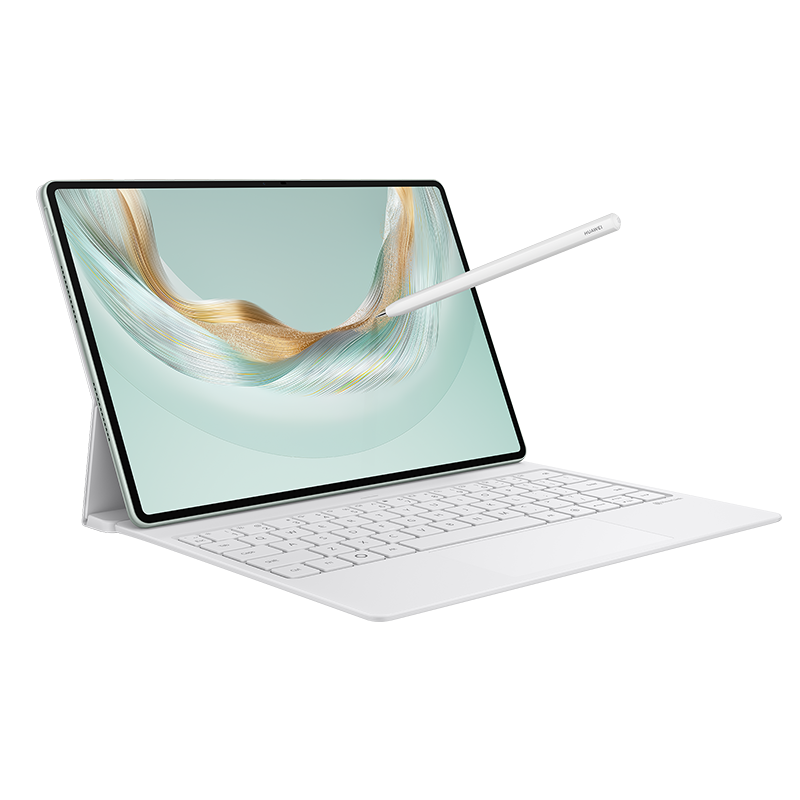 Tablet ve klavye, kalem altın ve beyaz dalga desenli açık yeşil ekrana dokunuyor, siyah.