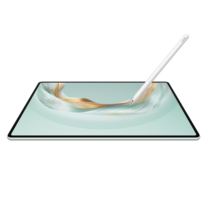 Tablet, kalem altın ve beyaz dalga desenli açık yeşil ekrana dokunuyor, siyah arka plan.