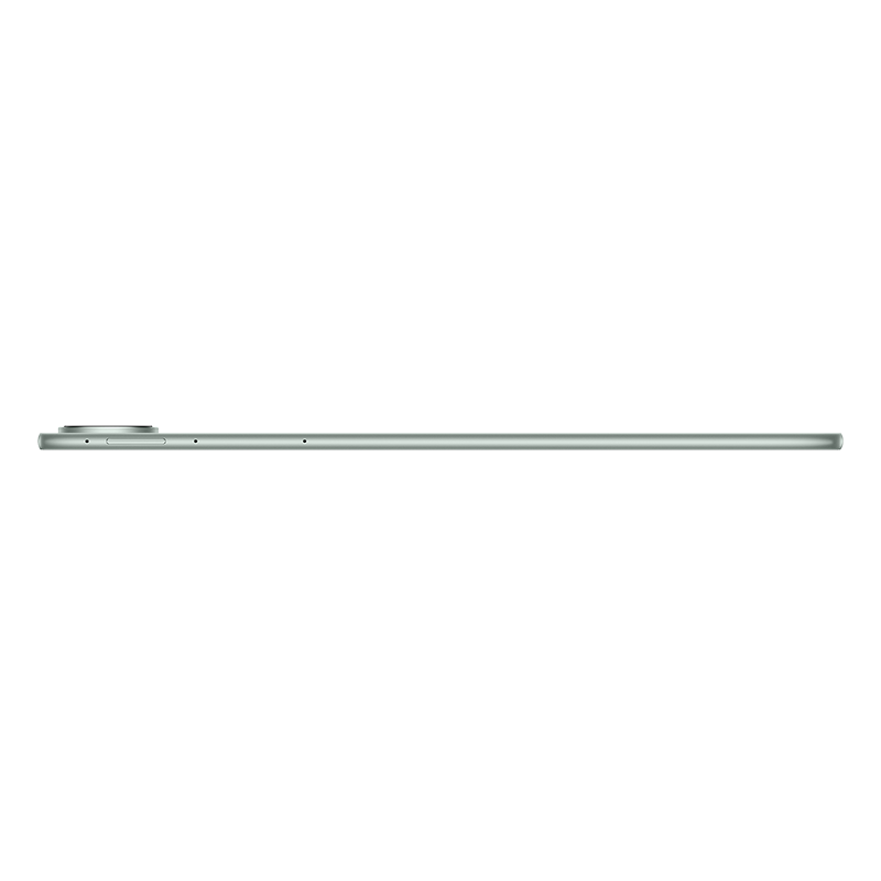 İnce tablet yan görünümü, açık yeşil renk, üstte küçük bir daire, siyah arka plan.
