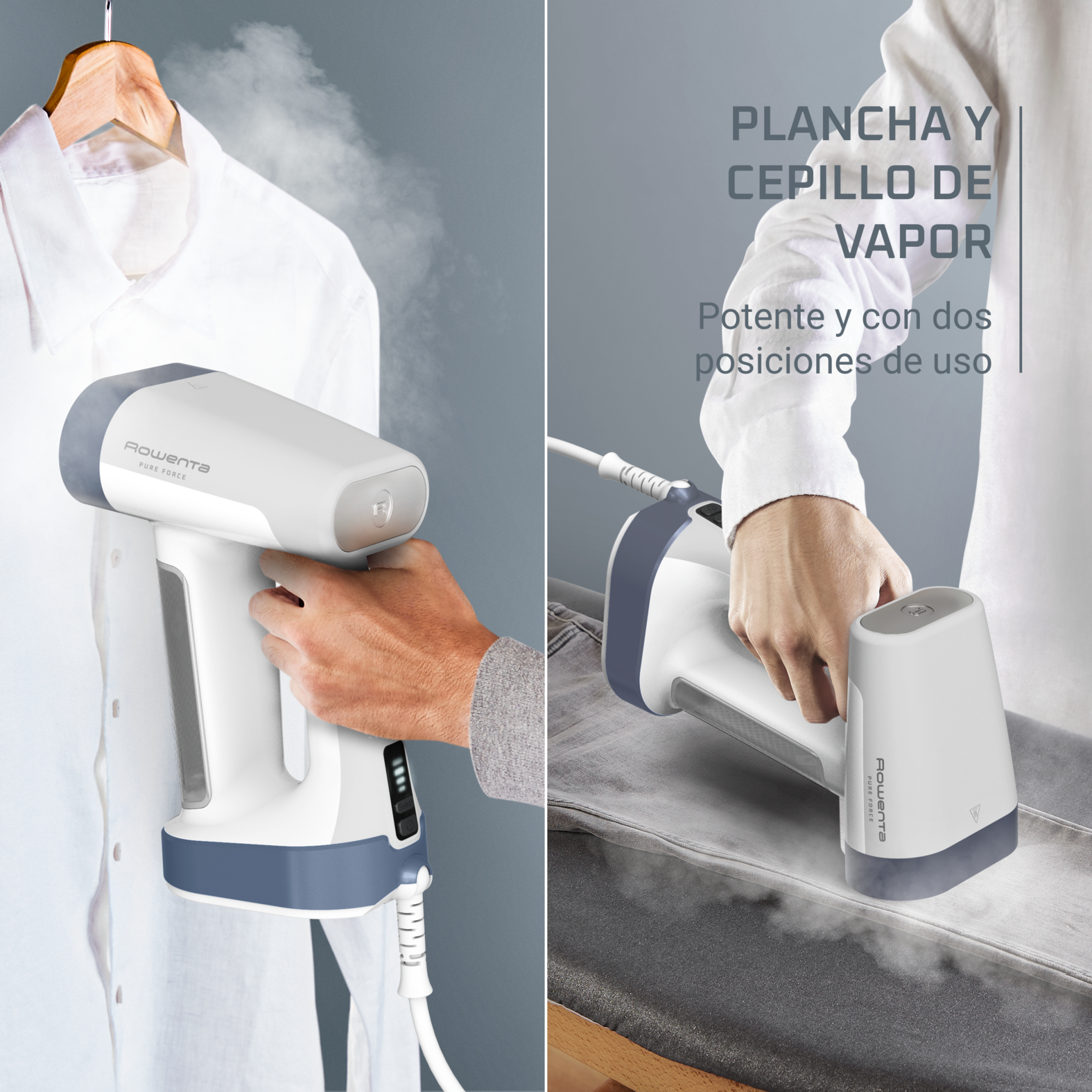 Hombre planchando una camisa blanca en una percha. El texto dice: plancha de vapor y cepillo.