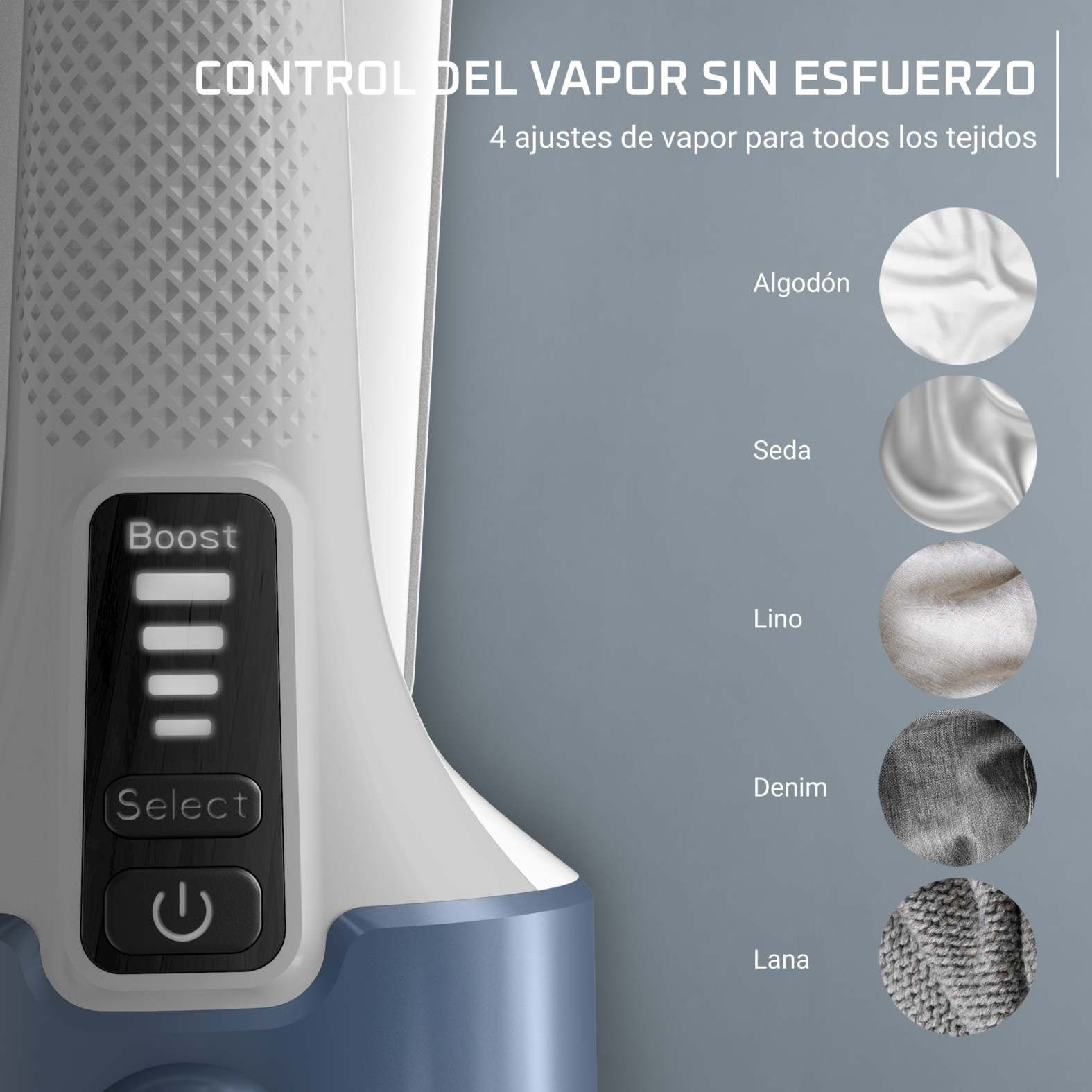 Primer plano de un vaporizador. El vaporizador tiene botones para diferentes tipos de tejido.