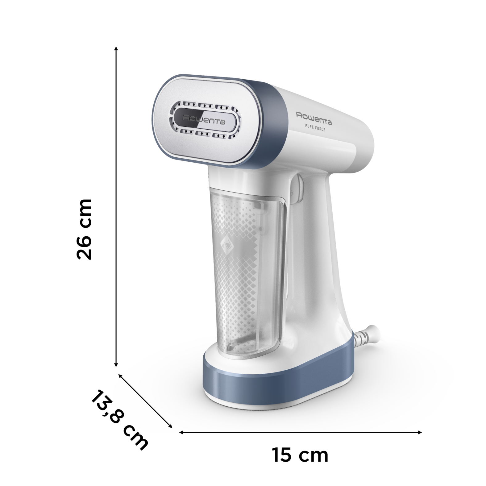 Un vaporizador blanco y azul. Tiene unas dimensiones de 26 cm de altura, 13,8 cm de ancho y 15 cm de largo.