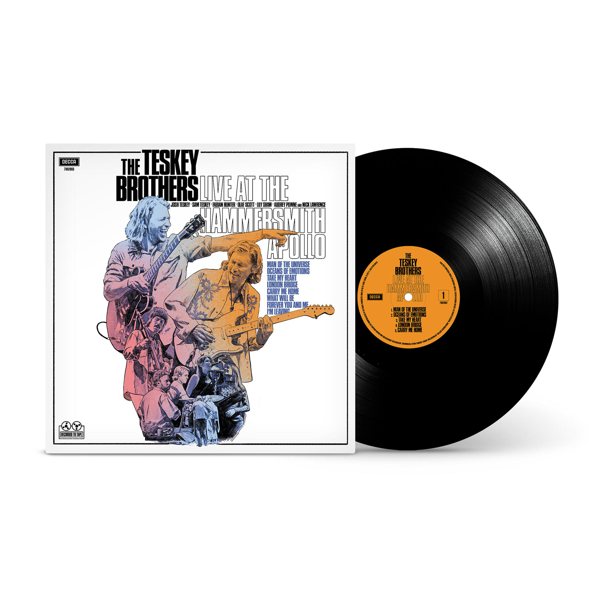 Schallplattenhülle mit Bandmitgliedern und Text, Albumcover.