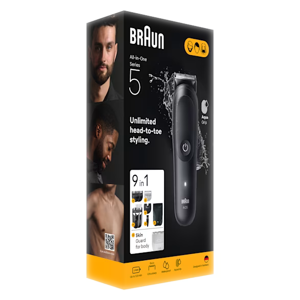 Pudełko z trymerem Braun. Pokazuje mężczyznę z brodą, trymer i tekst "All-in-One Series 5" i "9 w 1".