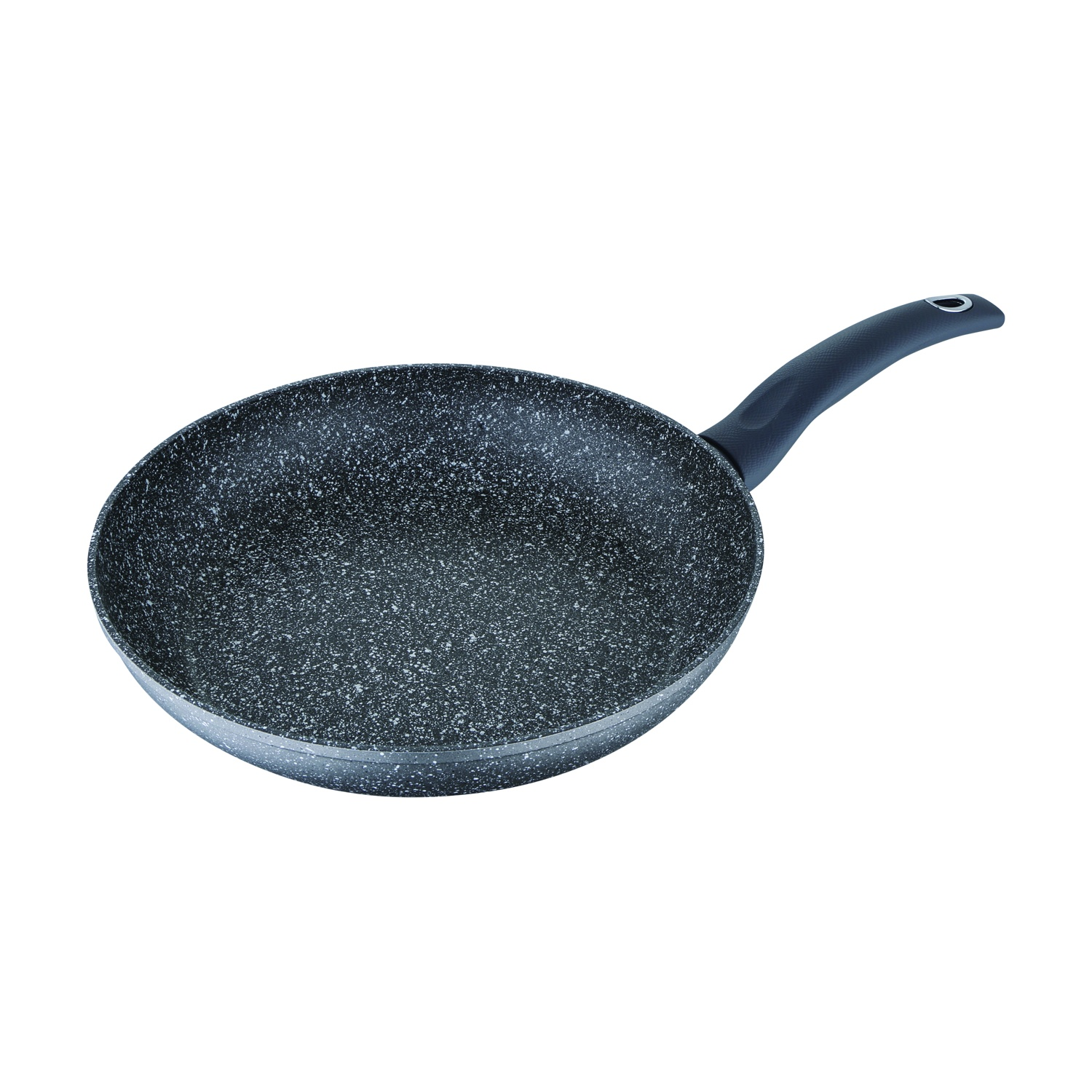 Una padella antiaderente con manico nero. Superficie di cottura maculata simile al granito.