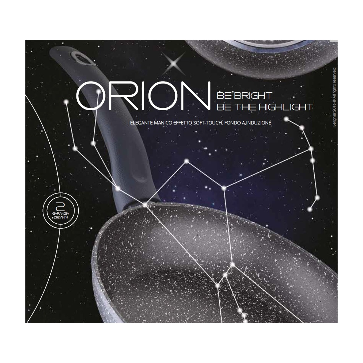 Padella Orion. Manico nero. Costellazione e testo: Sii brillante, sii l'highlight.