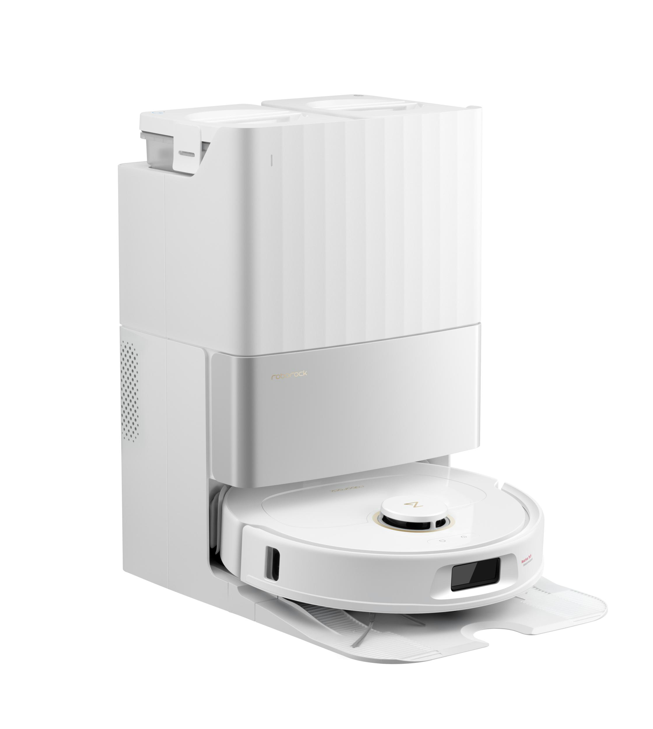 Weißer Roboter-Staubsauger, schräge Ansicht, mit Reinigungsstation. Weißer Hintergrund.