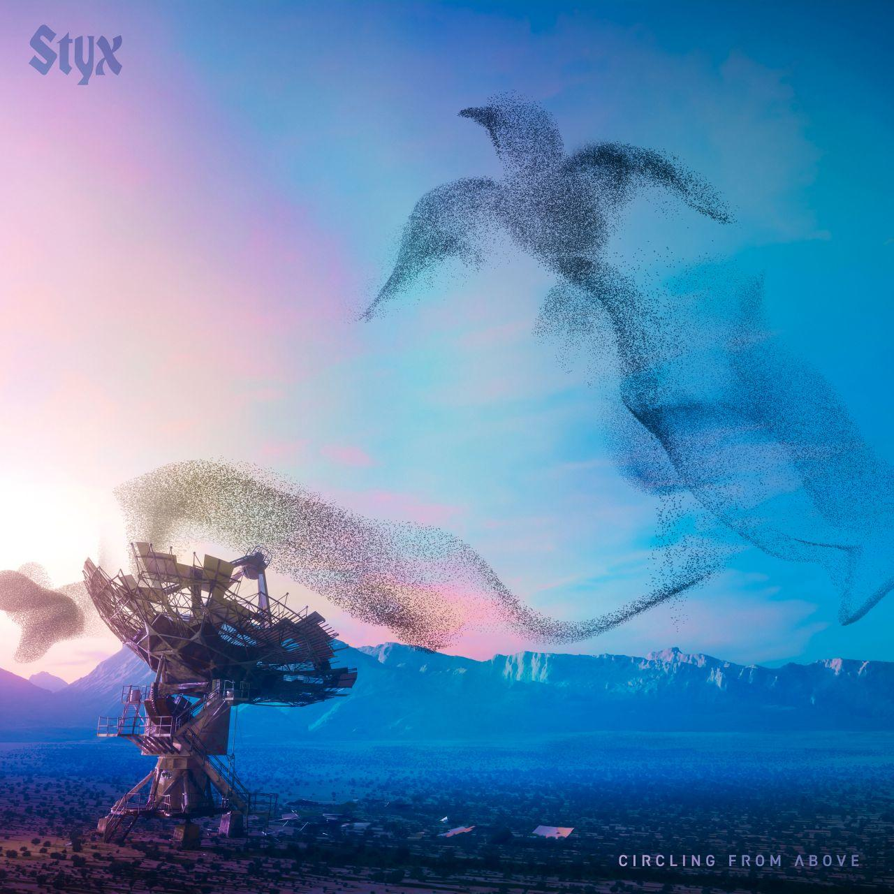 Styx-Albumcover mit Bandlogo, Vogelschwarm und Radar. Das Album trägt den Titel 'Circling From Above'.