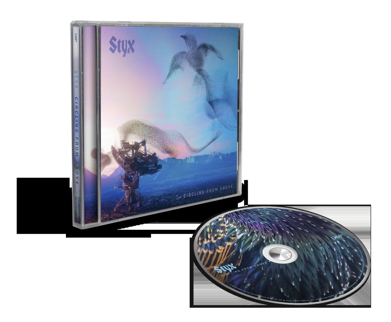 Styx CD-Hülle mit Artwork des Albums 'Circling From Above': Radar, Vögel und Logo. Die CD ist rechts.