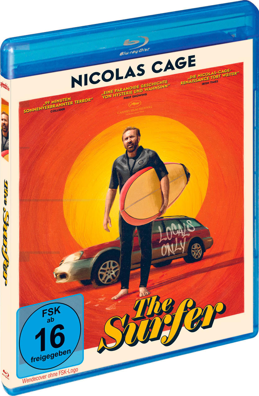 Nicolas Cage mit Surfbrett vor Auto, auf einem Filmcover. Der Surfer-Titel.