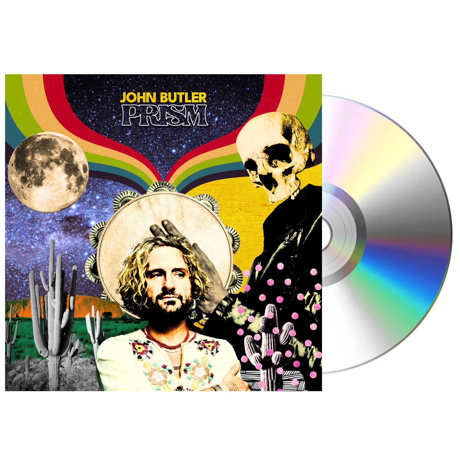 CD-Cover: John Butler Prism. Mann, Tamburin, Schädel, Mond, Regenbogen, Wüstenlandschaft und CD.