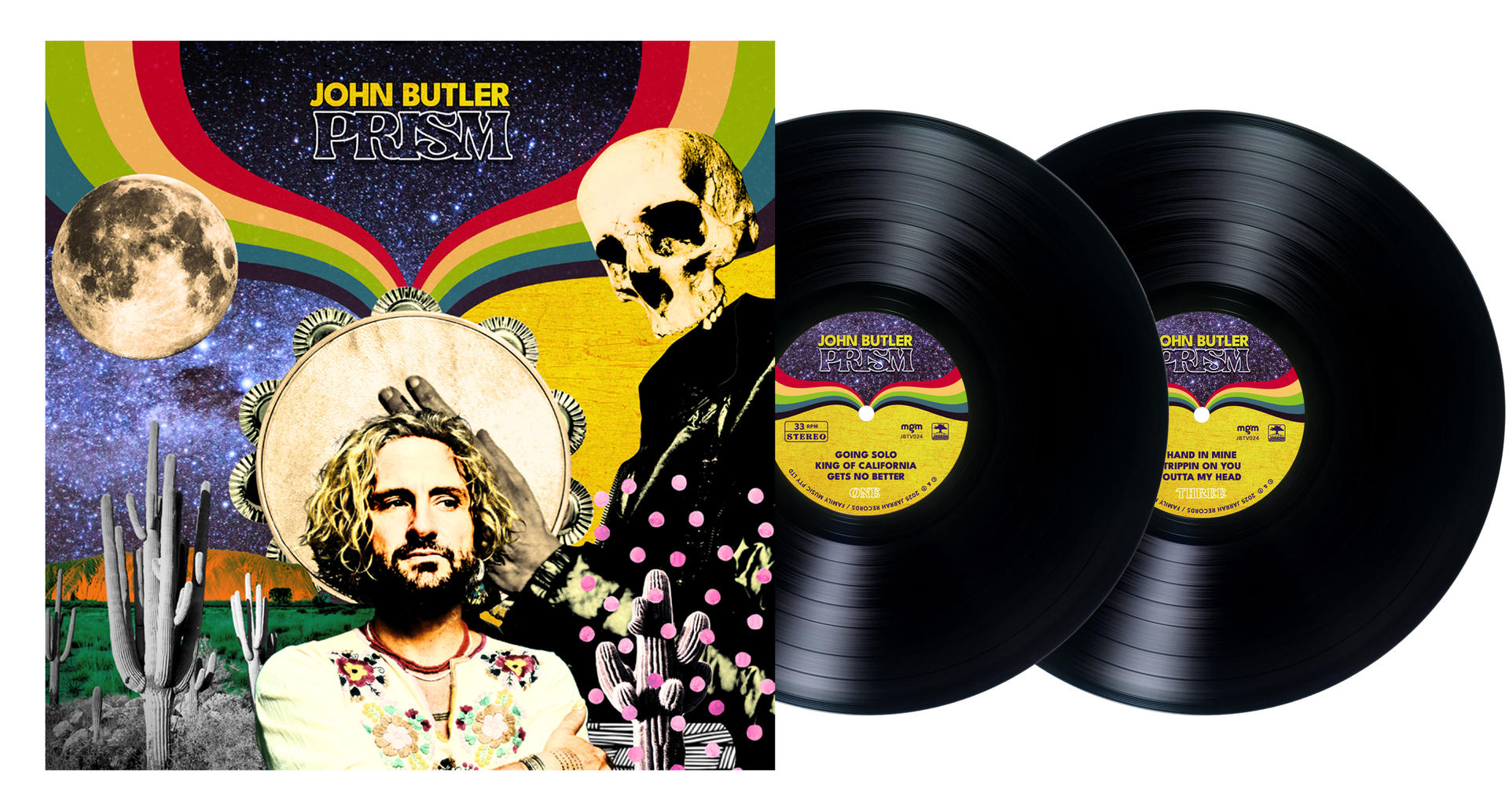 Albumcover mit John Butler Prism. Mann, Schädel, Mond, Regenbogen, Wüste und zwei Schallplatten.