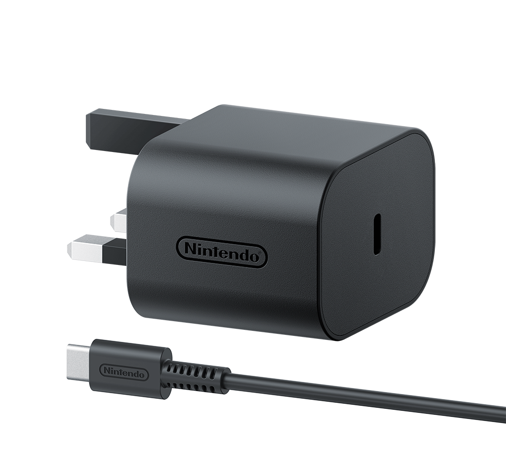 Kablolu siyah bir Nintendo şarj cihazı. Şarj cihazında bir fiş ve bir USB-C bağlantı noktası bulunur.