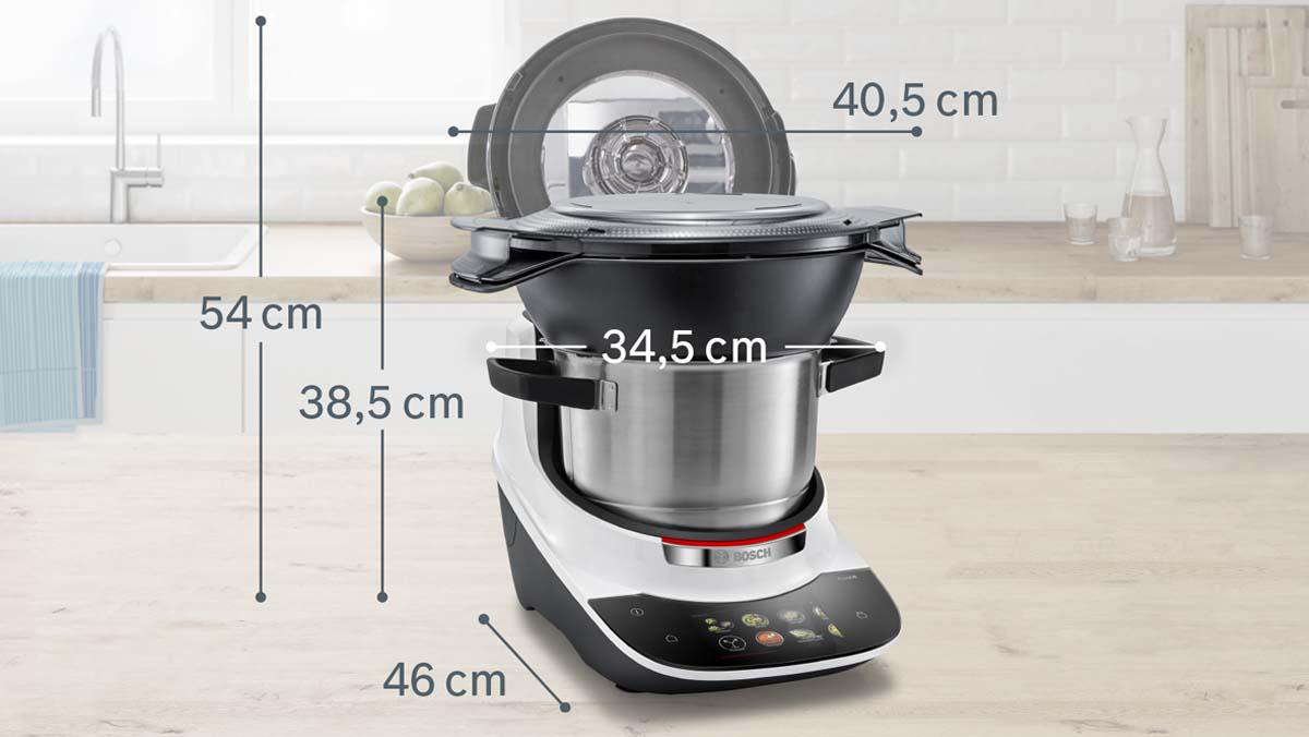 Ein Food-Prozessor mit angezeigten Maßen, die seine Abmessungen zeigen.