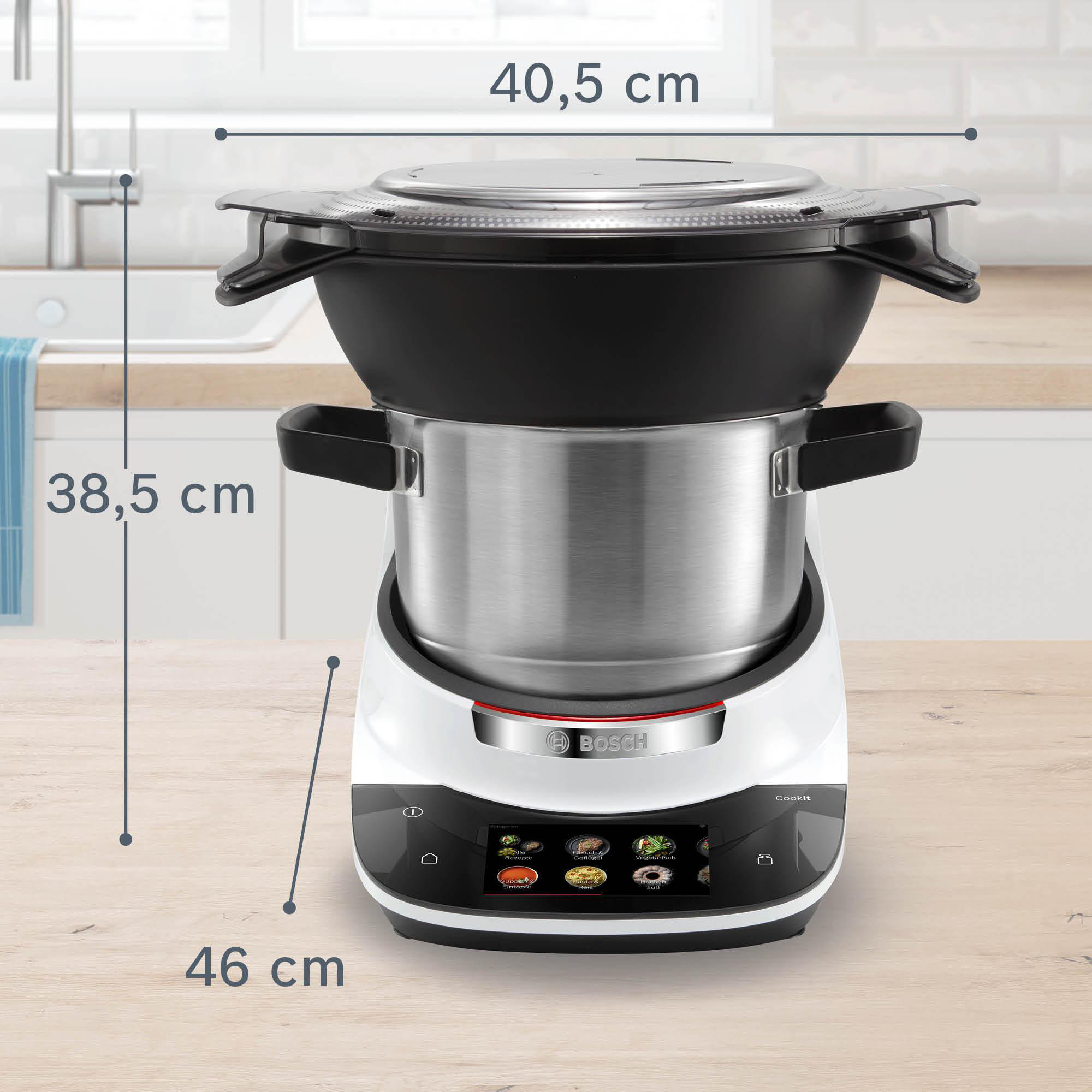 Ein Food-Prozessor mit angezeigten Maßen, die seine Abmessungen zeigen.