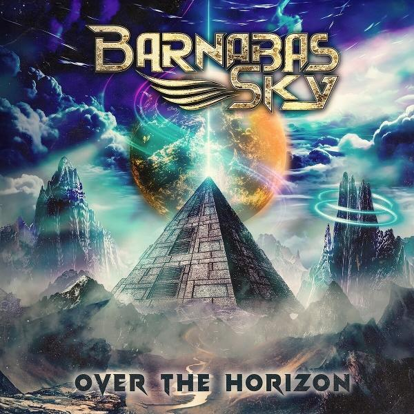 Albumcover: Pyramide, Planet, Berge und Text 'Barnabas Sky Over The Horizon'. Fantasielandschaft mit lebendigen Farben.