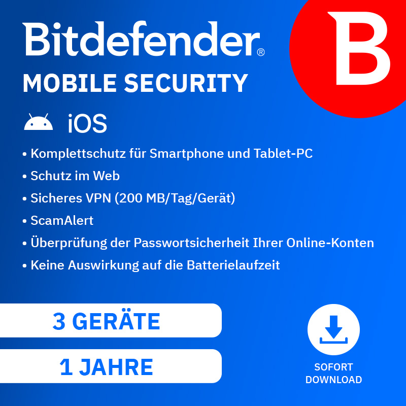 Publicité Bitdefender Mobile Security. Logos Android et iOS visibles. Liste des fonctionnalités et icône de téléchargement.