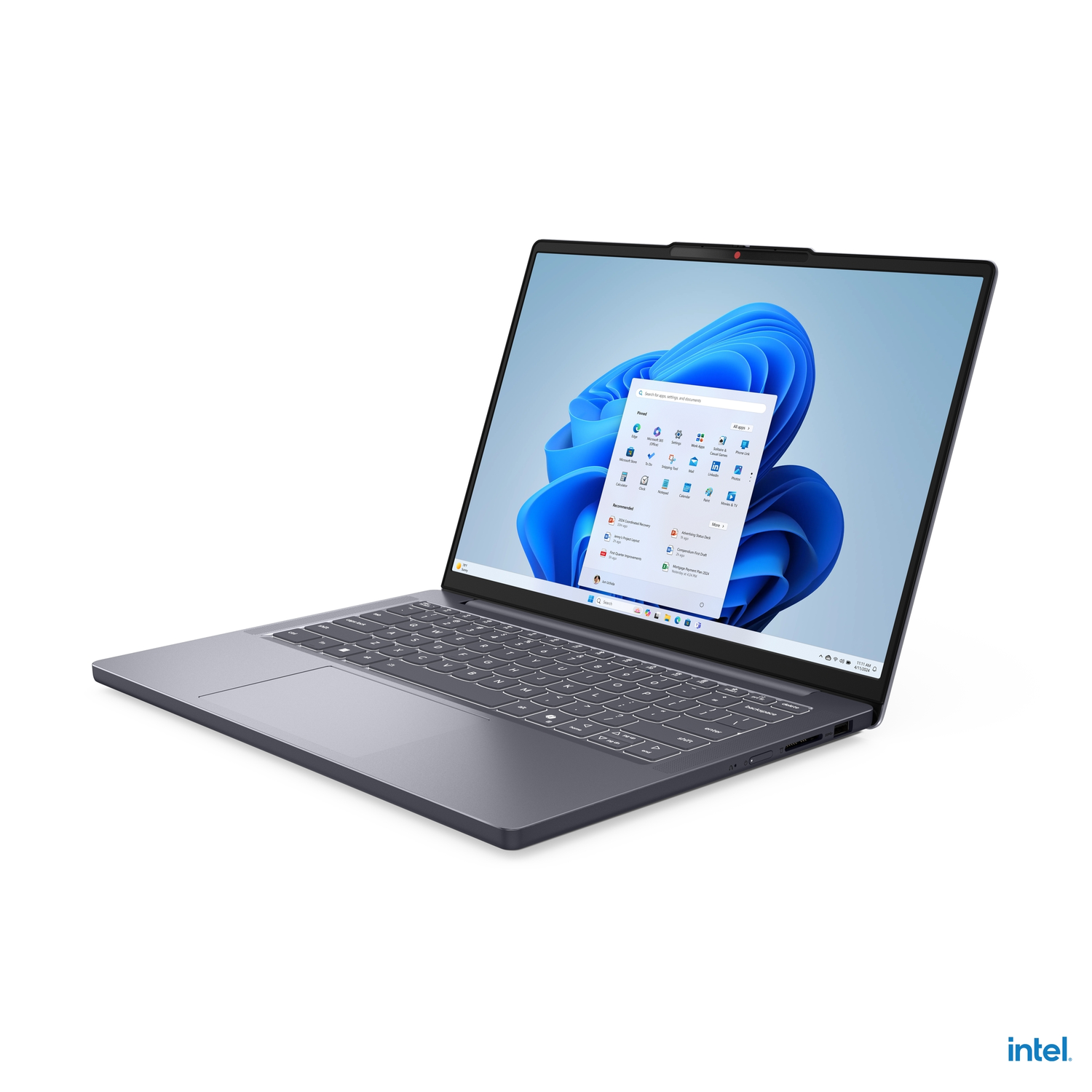 A laptop, Windows OS with apps open, is on a white background. The laptop is grey.