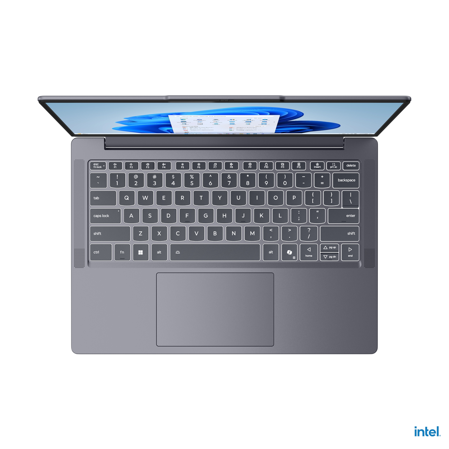 Gray laptop, open, showing keyboard and screen. The screen displays a document.