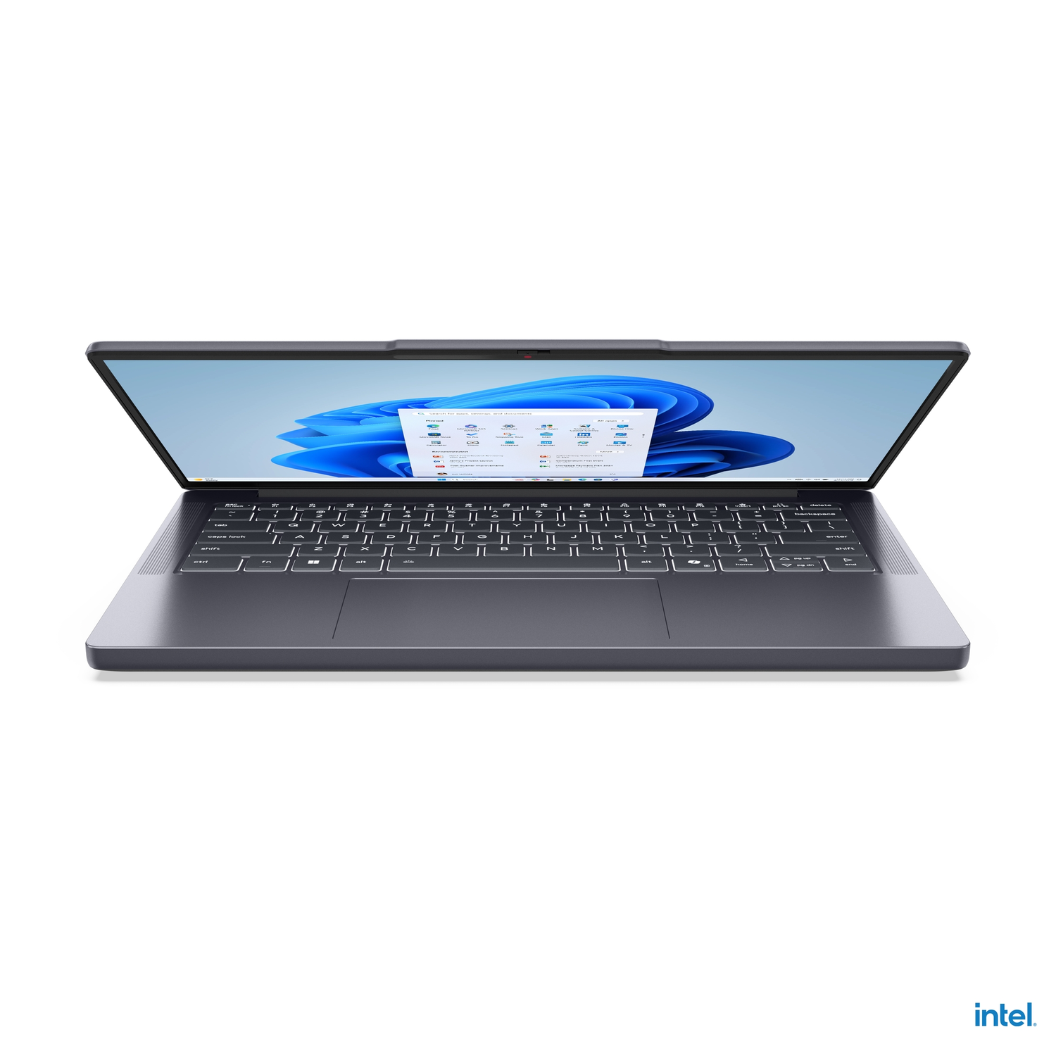 Gray laptop, open, showing keyboard and screen. The screen displays a document.