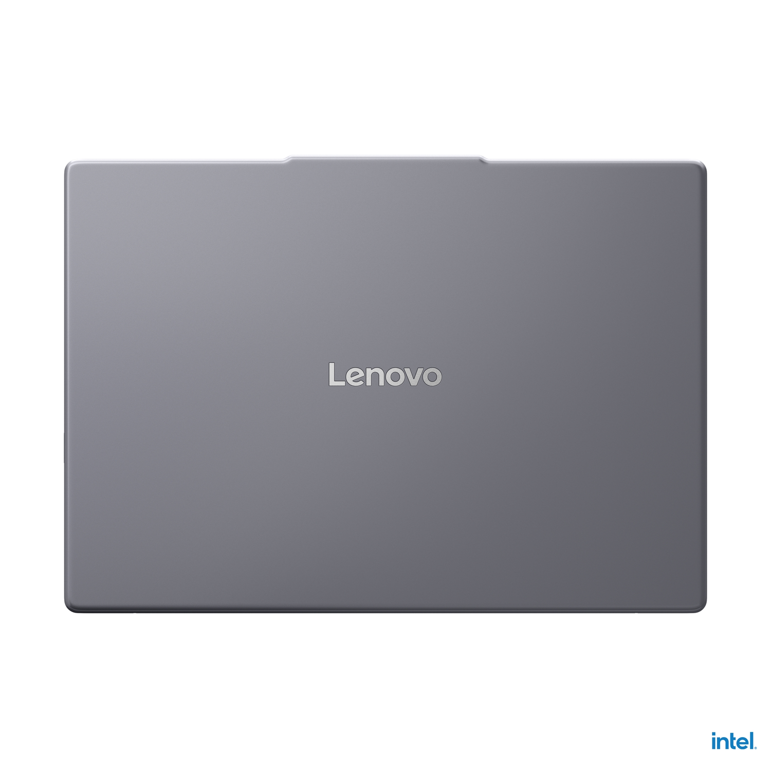 Gray Lenovo laptop's back, closed. Lenovo is written in the middle.