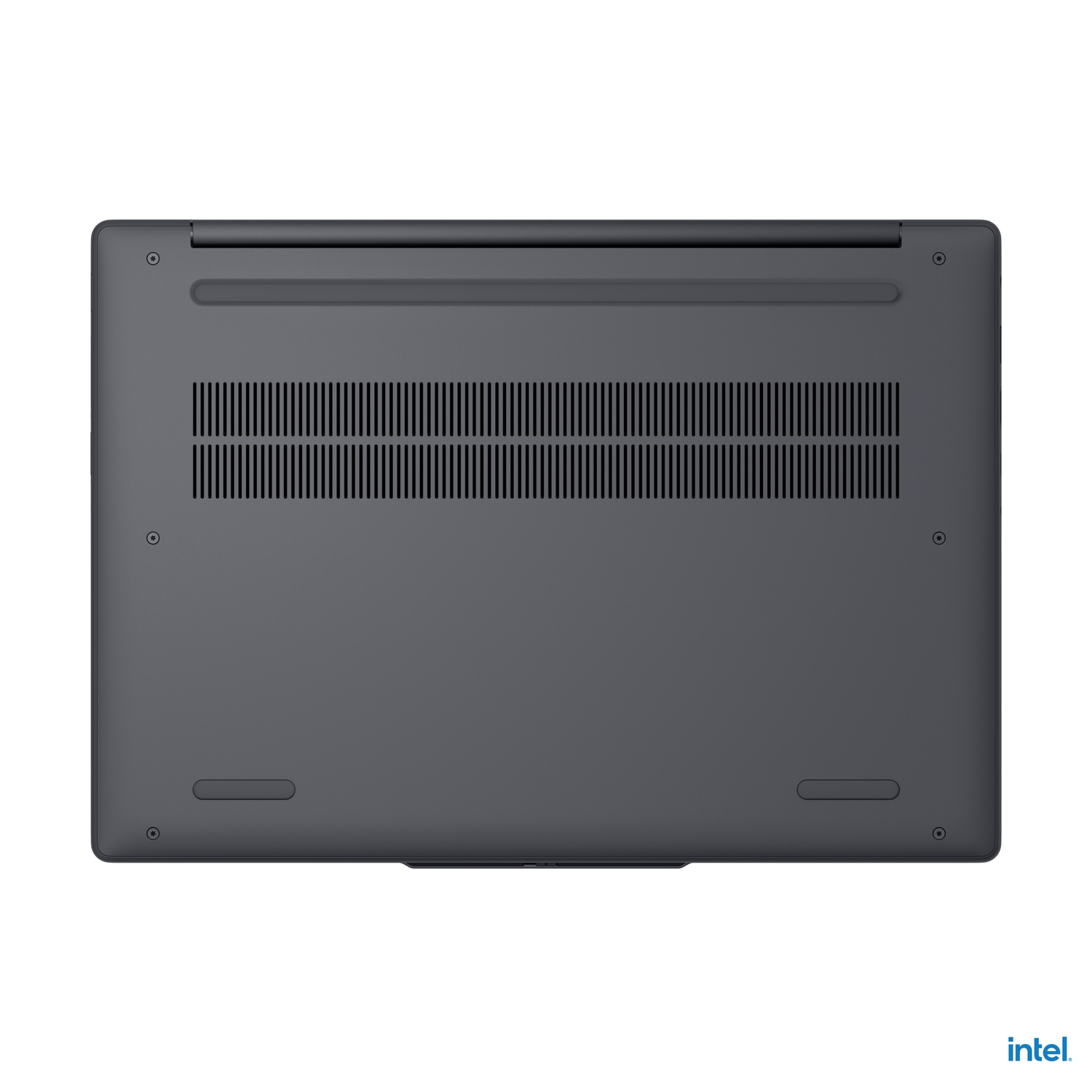 Bottom view of gray laptop. Shows vents and screws.