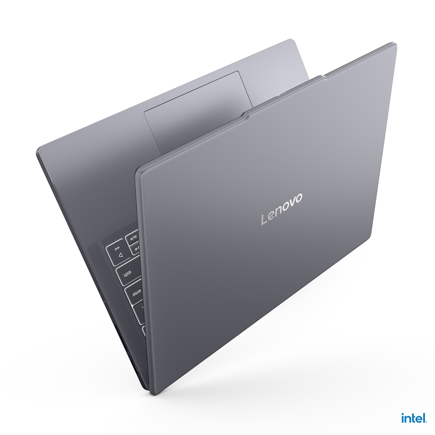 Gray Lenovo laptop, open, tilted. Keyboard and some screen visible.