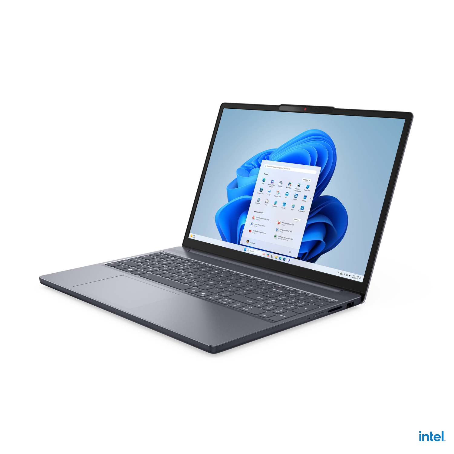 Laptop open, Windows 11 interface. Grijze laptop, schuine weergave op witte achtergrond.