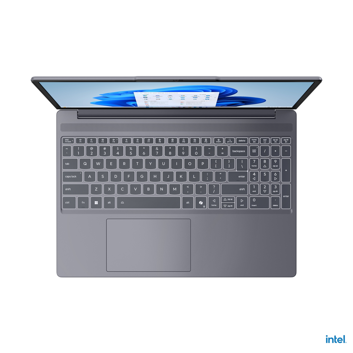 Grijze laptop, open, bovenaanzicht. Toetsenbord zichtbaar, scherm toont Windows-interface.