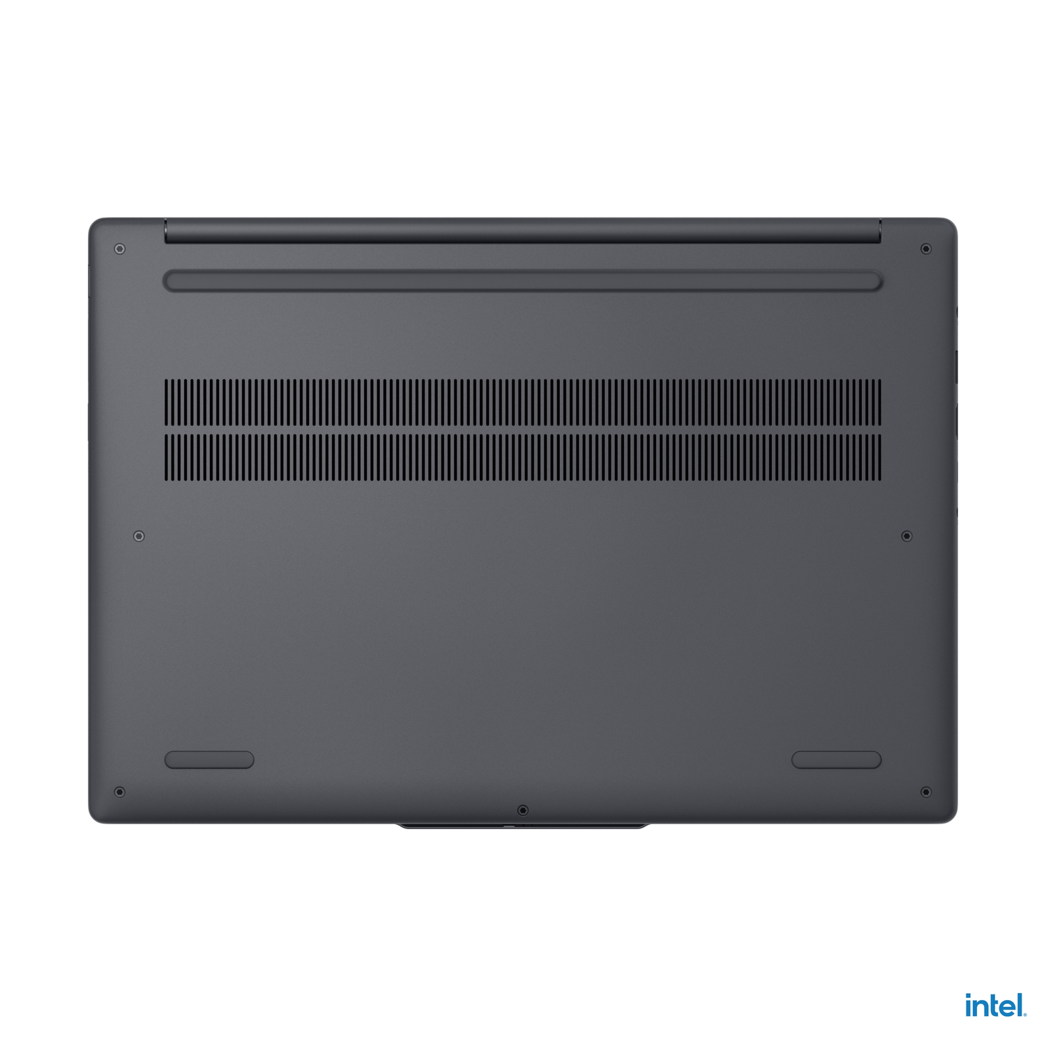 Grijze laptop, onderaanzicht. Ventilatieopeningen en voetjes zichtbaar.