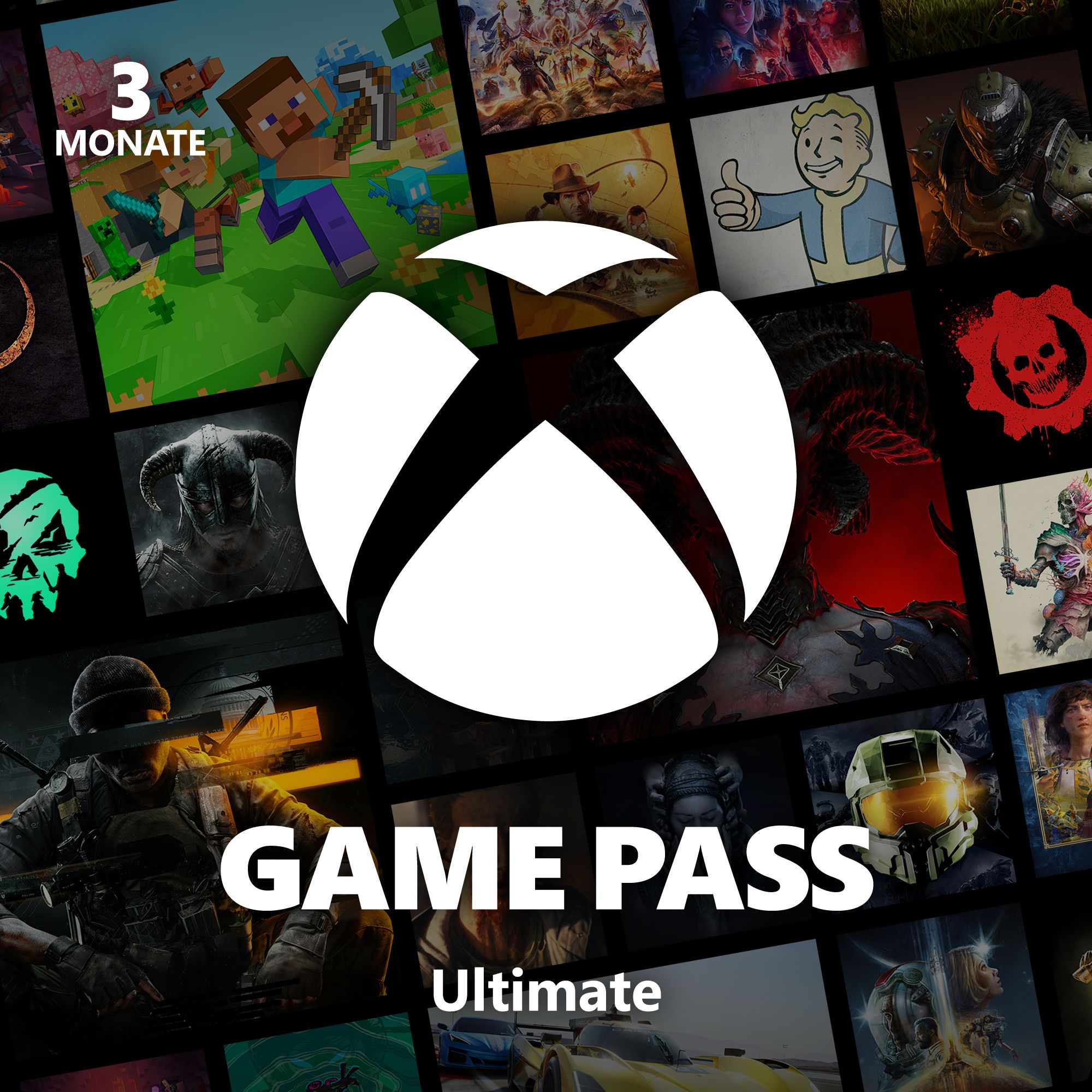 Promotion Xbox Game Pass Ultimate. Logo Xbox avec collage d'images de jeux, fond sombre, texte 3 mois.