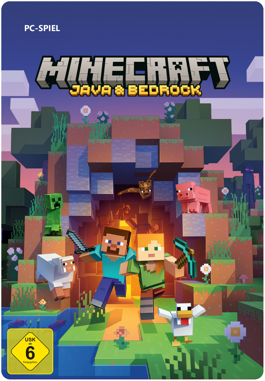 Minecraft Java & Bedrock Spielcover. Charaktere in einer Höhle, mit Steve, Alex und Kreaturen.
