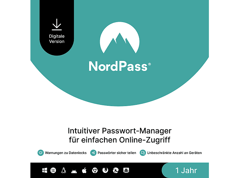 NordPass Premium - 1-Jahres-Abonnement des Passwort-Managers für unbegrenzt viele Geräte