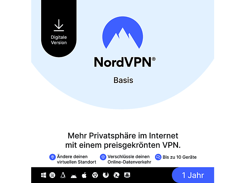 NordVPN Basis - 1 Jahr Premium-VPN-Dienst für bis zu 10 Geräte
