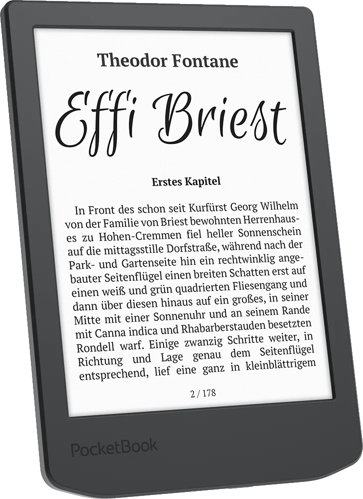 E-olvasó a Theodor Fontane Effi Briest című művének címét és szövegét mutatja.