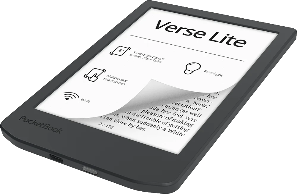 Sötétszürke PocketBook Verse Lite e-olvasó, nyitott oldallal.