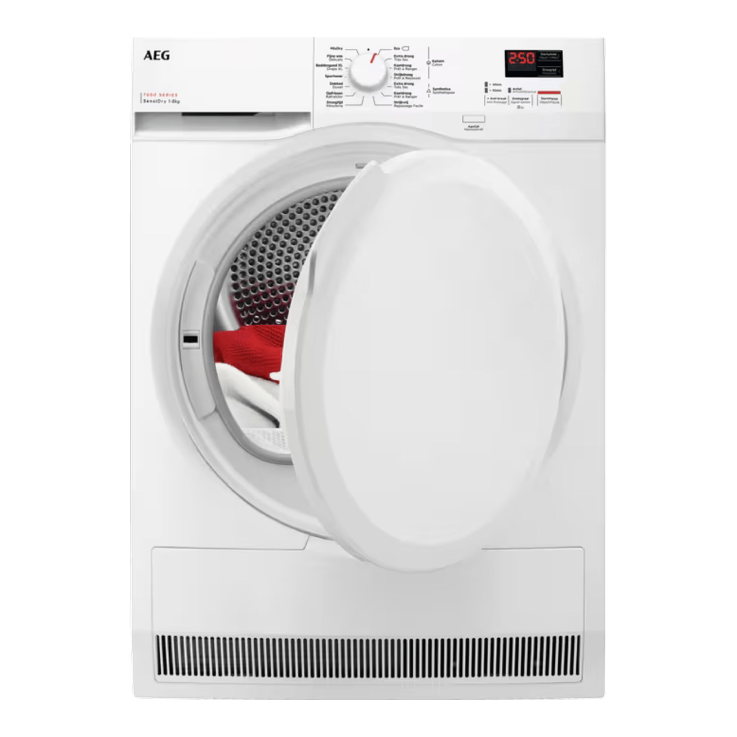 Witte wasmachine met een open deur. De machine heeft een digitaal display.