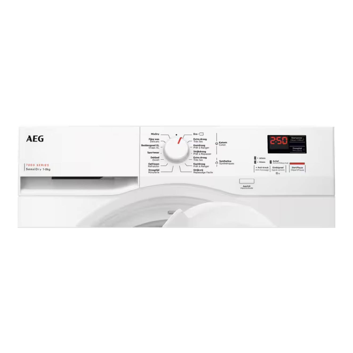 Witte wasmachine met een digitaal display. De machine heeft verschillende bedieningsknoppen.