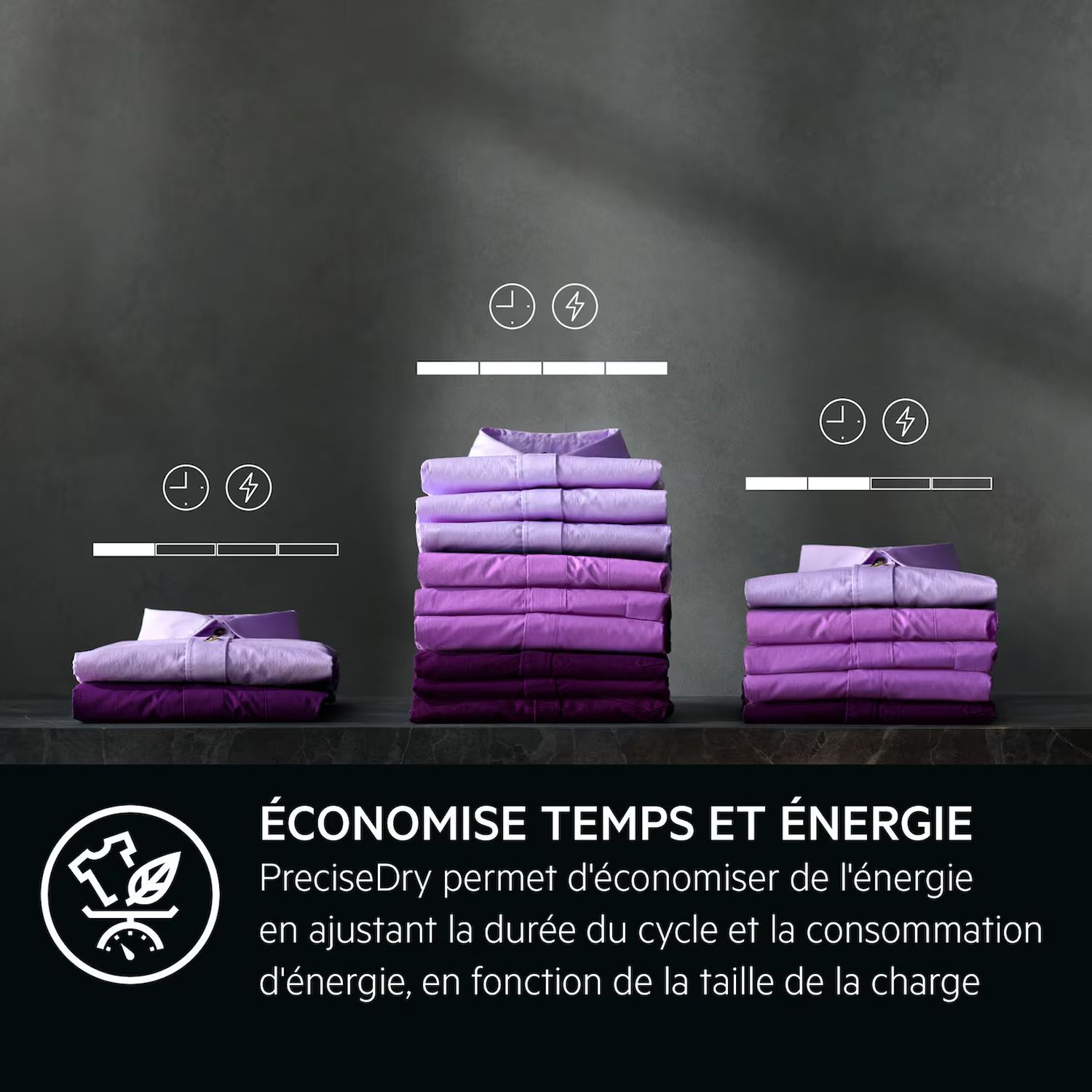 Piles de chemises violettes, icônes temps et énergie.