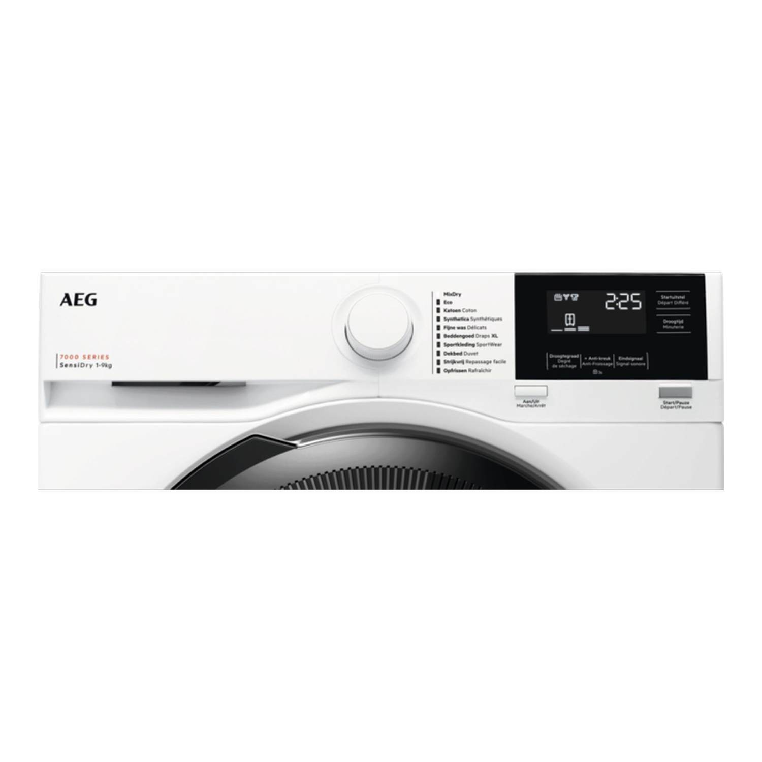 A white dryer control panel with a knob and a digital display.