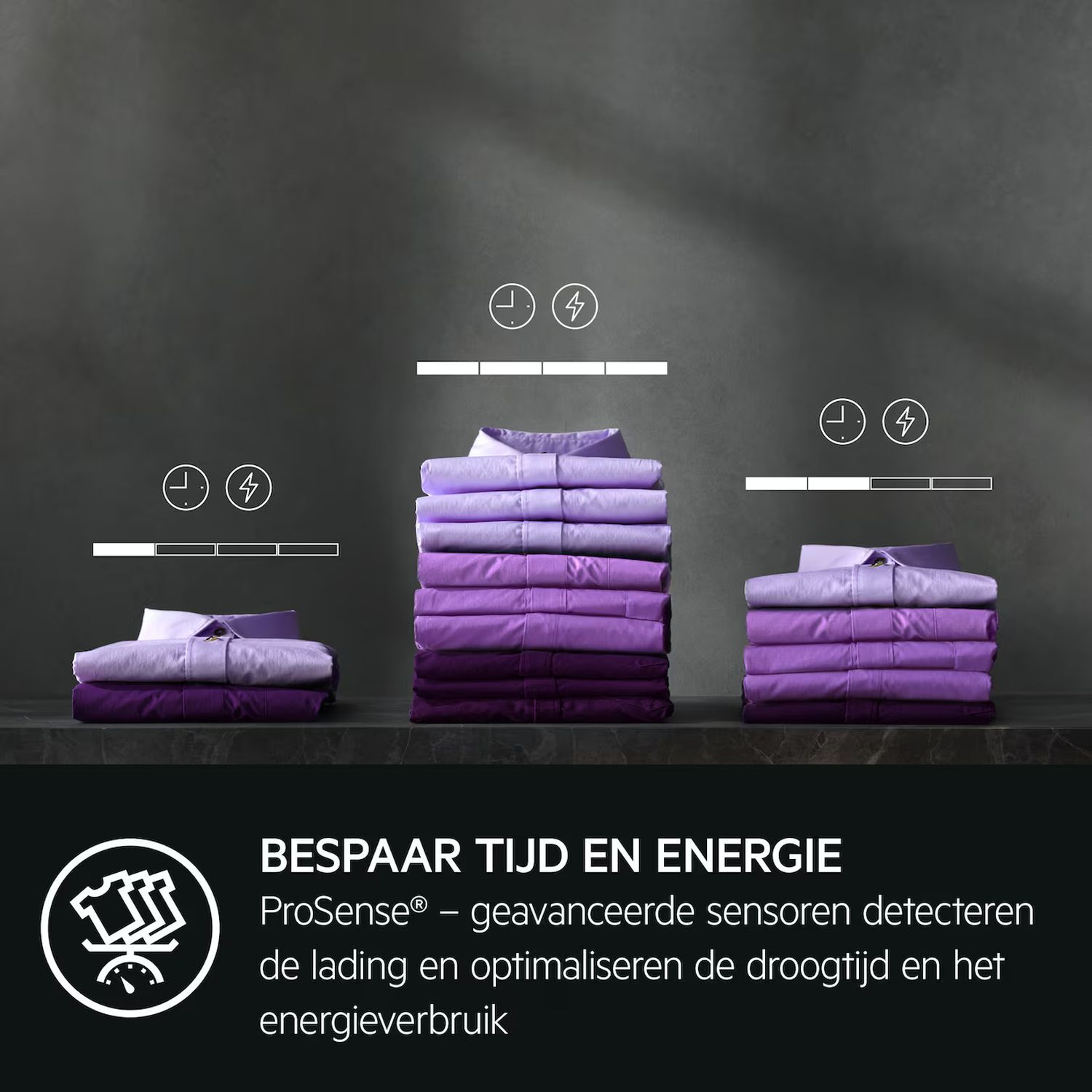 Piles of folded shirts in shades of purple with time and energy icons.