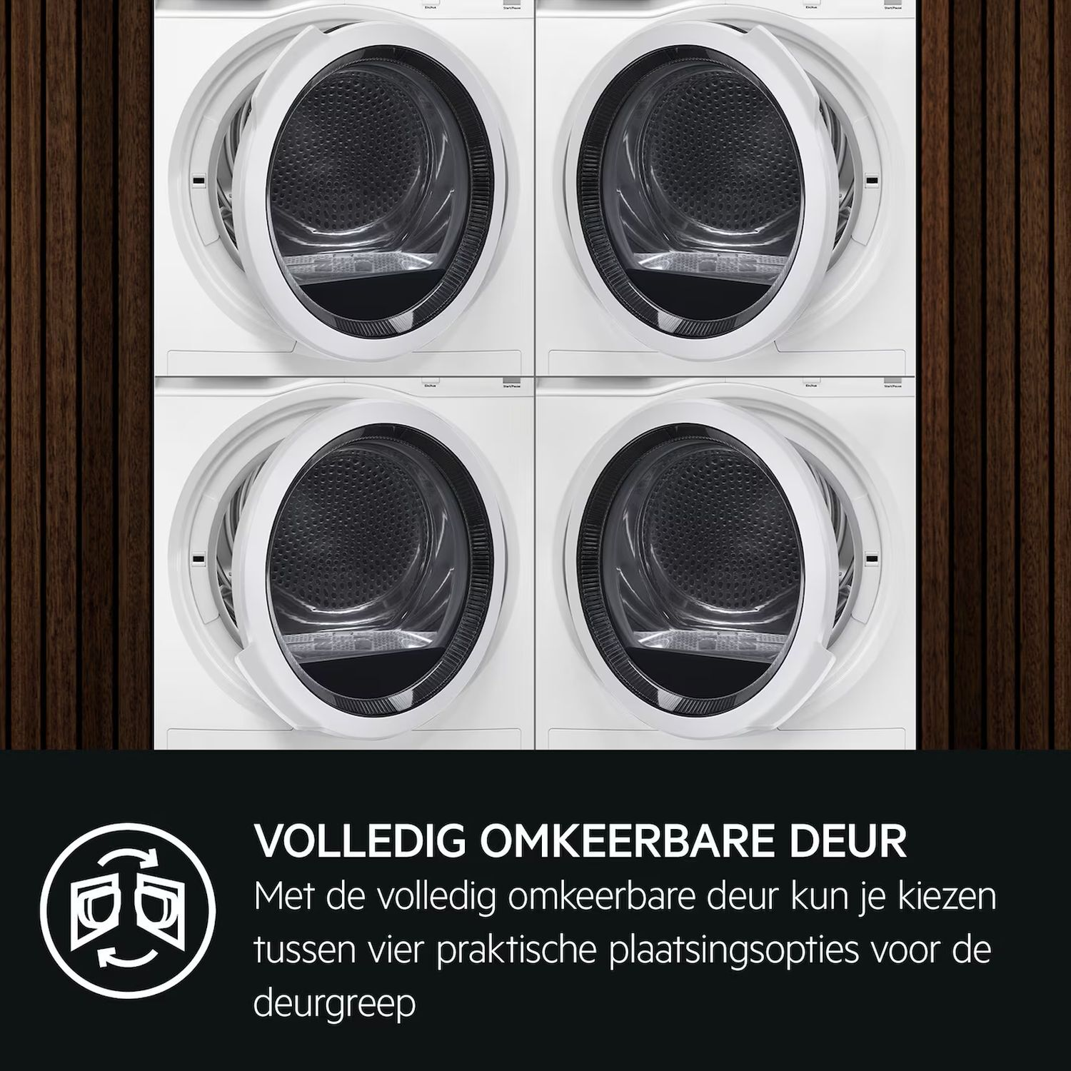 Four white washing machines with open doors are shown, with a wooden-textured background.