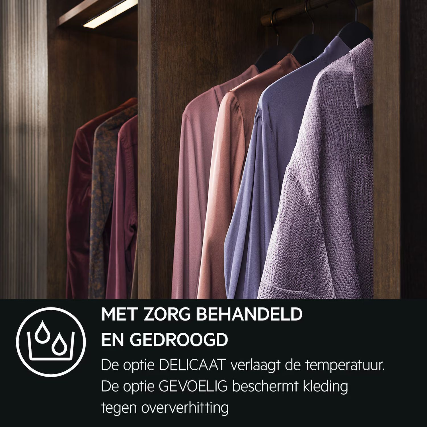 Clothes hanging in a closet. The image highlights gentle and careful drying options.