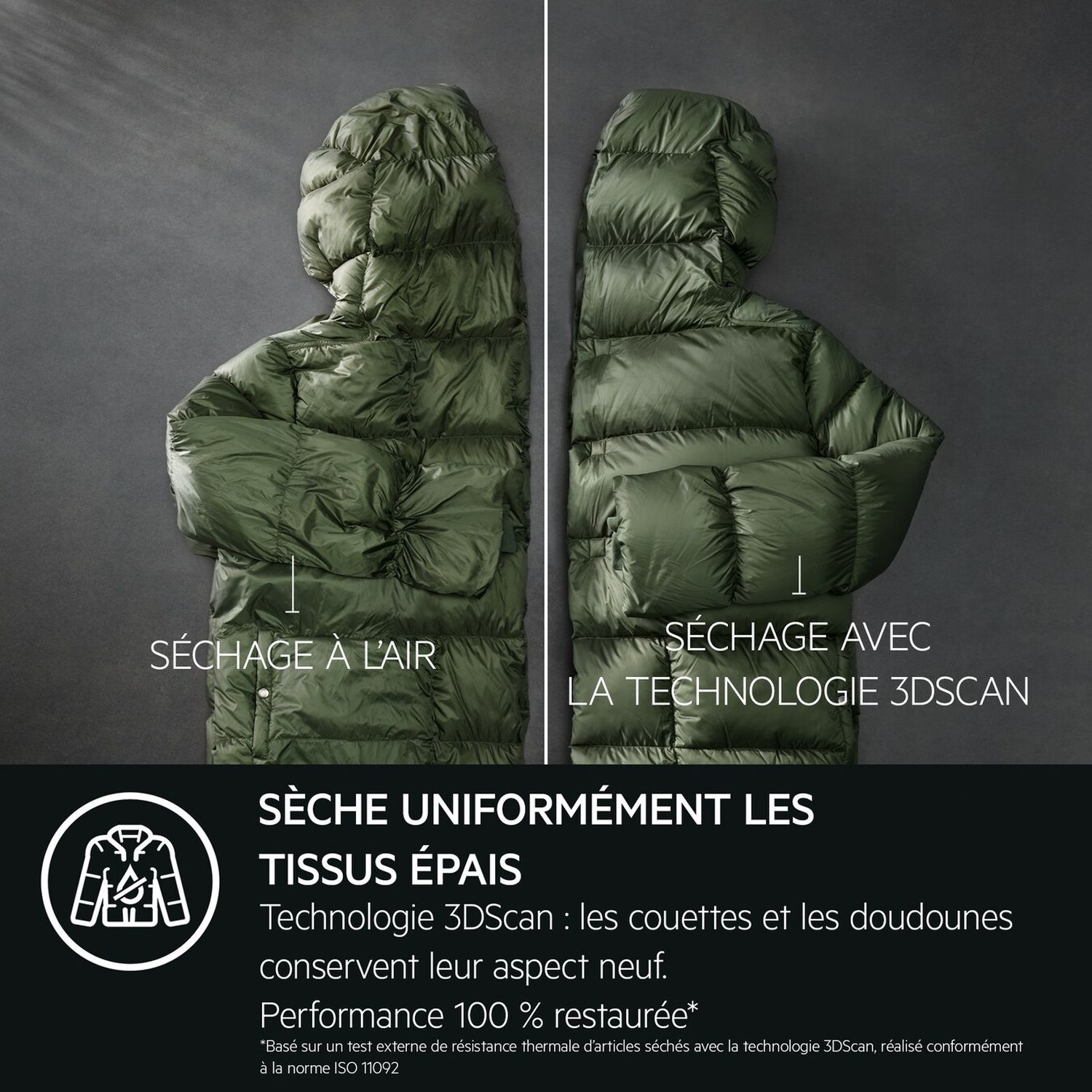 Deux vestes vertes bouffantes. Une séchée à l'air, une avec la technologie 3DScan. Fond gris foncé.