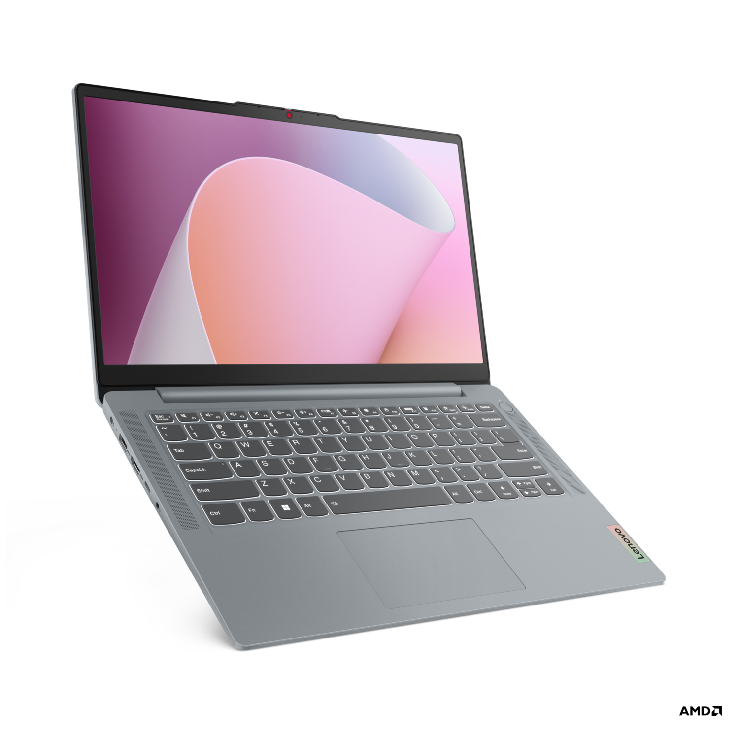 Laptop, lichtgrijs, open, met scherm met roze en paarse abstracte vormen, zwarte achtergrond.