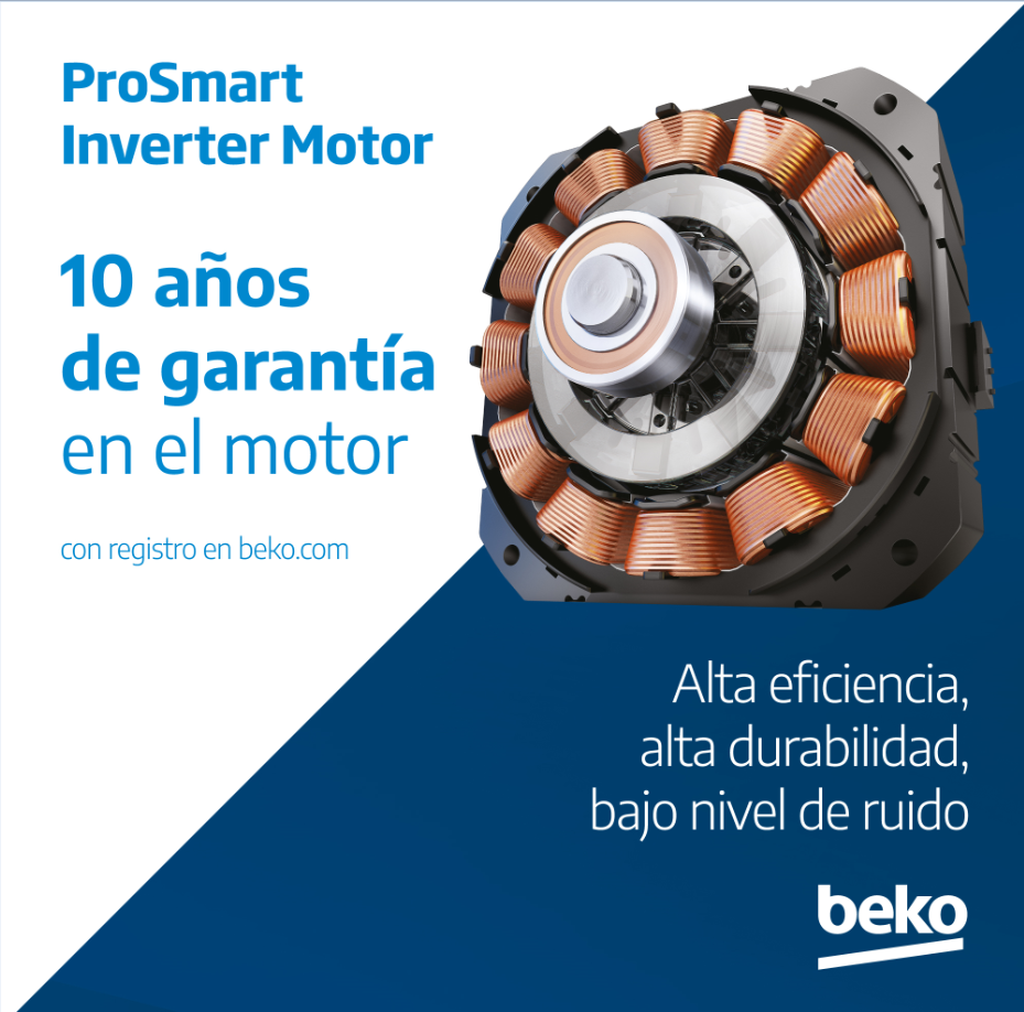 Motor con bobinas de cobre, texto sobre garantía y eficiencia, logo Beko sobre fondo azul oscuro.