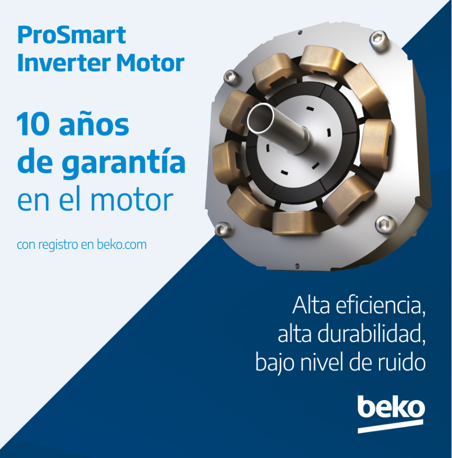 Motor con partes doradas y plateadas, texto sobre garantía y eficiencia, logo Beko sobre fondo azul oscuro.