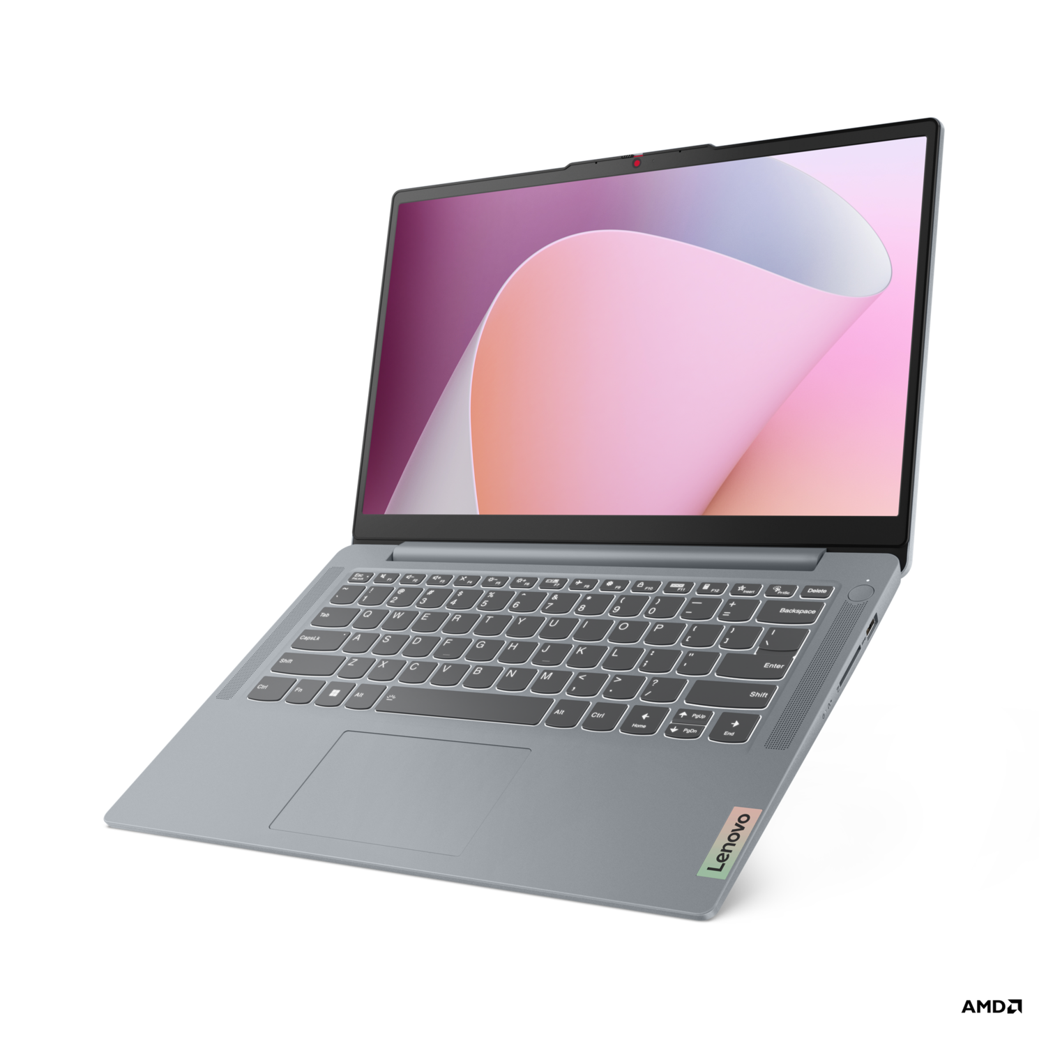 Een grijze laptop met een roze en wit scherm, open op een zwarte achtergrond. Lenovo-logo zichtbaar.
